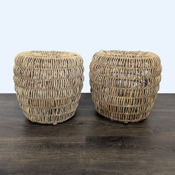 1. Pair of round, open-weave rattan side tables with a natural finish, placed on a dark wood floor.