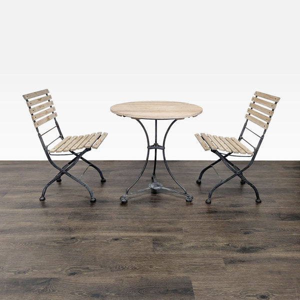 Smith & Hawken dining set with round wood table and two slatted chairs, metal frames, for indoor or outdoor use.  