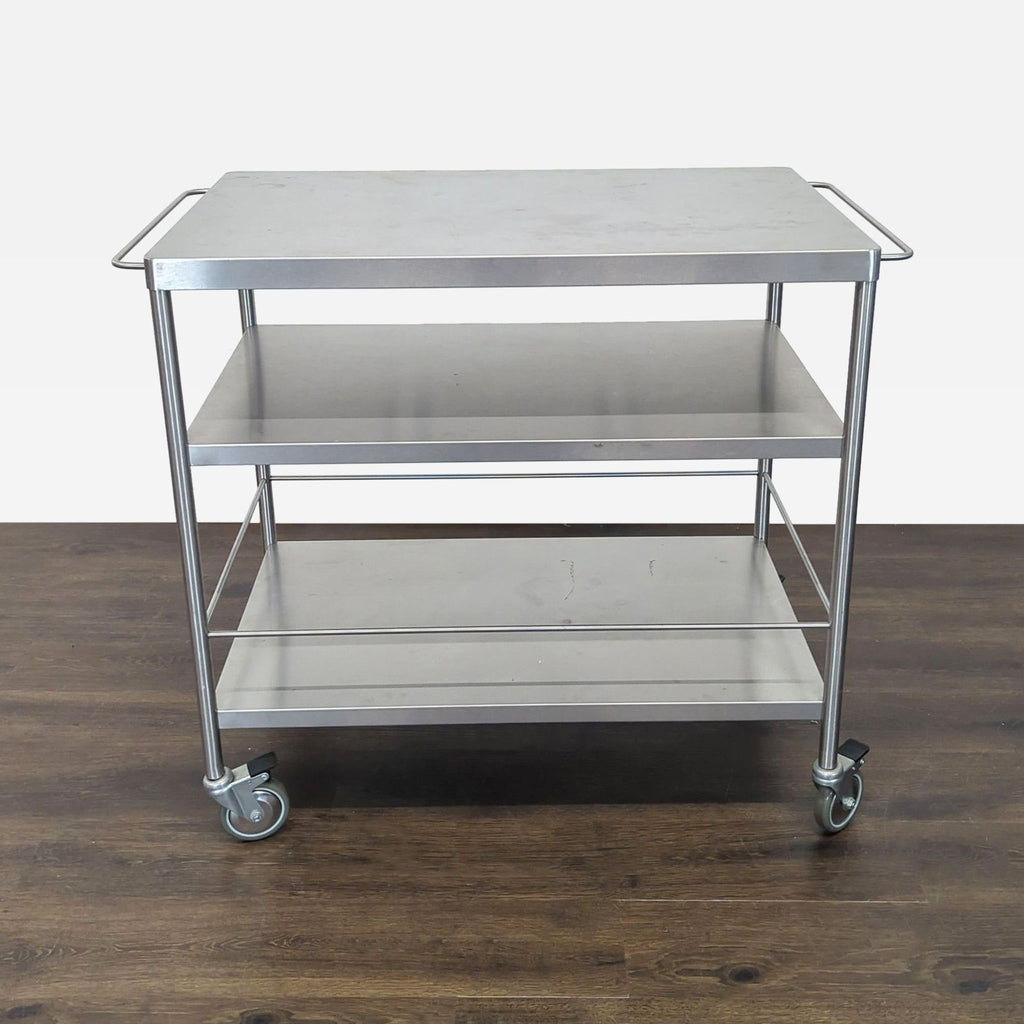 1. Stainless steel kitchen cart with three shelves and wheels for extra storage and easy mobility.