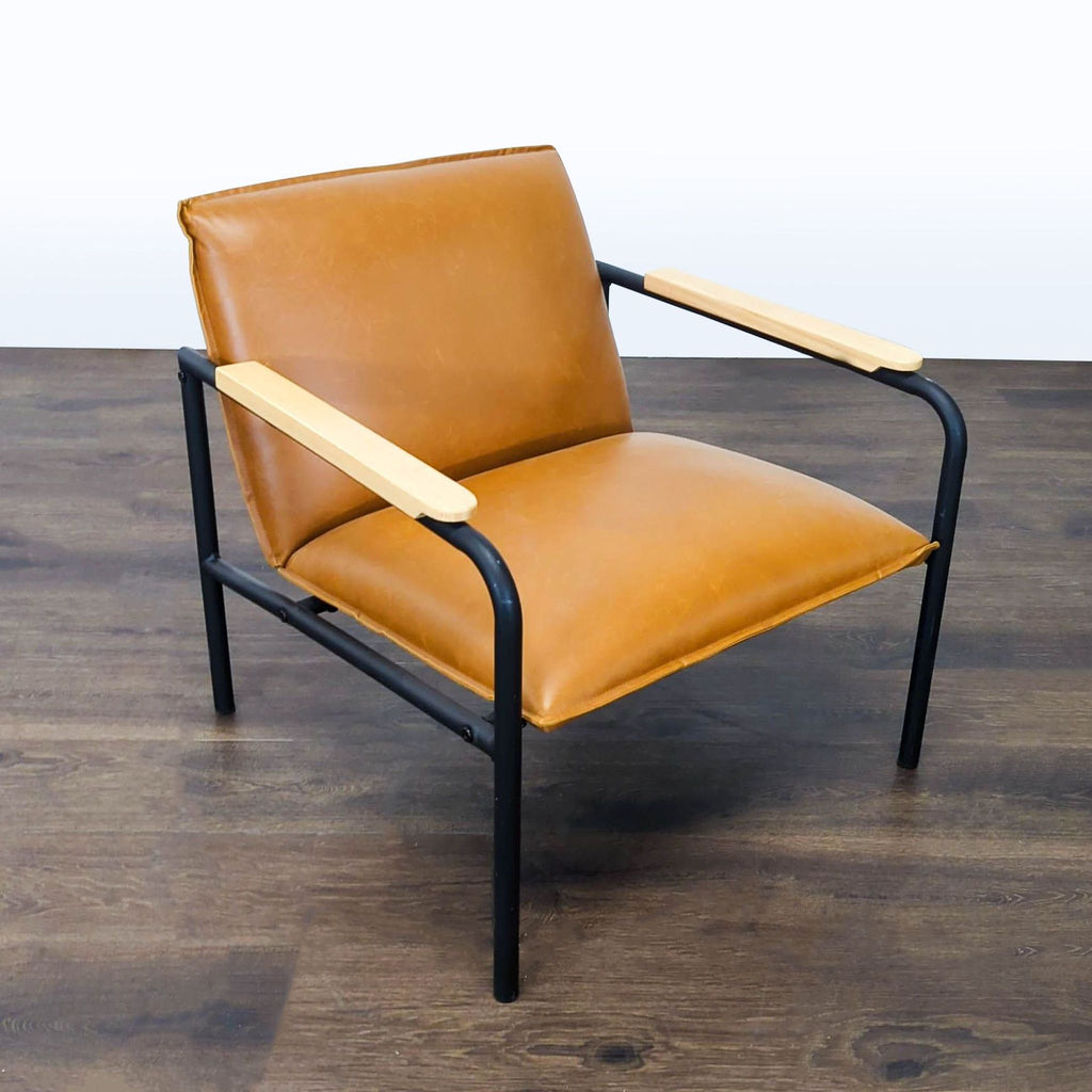 Sleek lounge chair featuring soft brown cushions, sturdy black frame, and stylish natural wood armrests.  