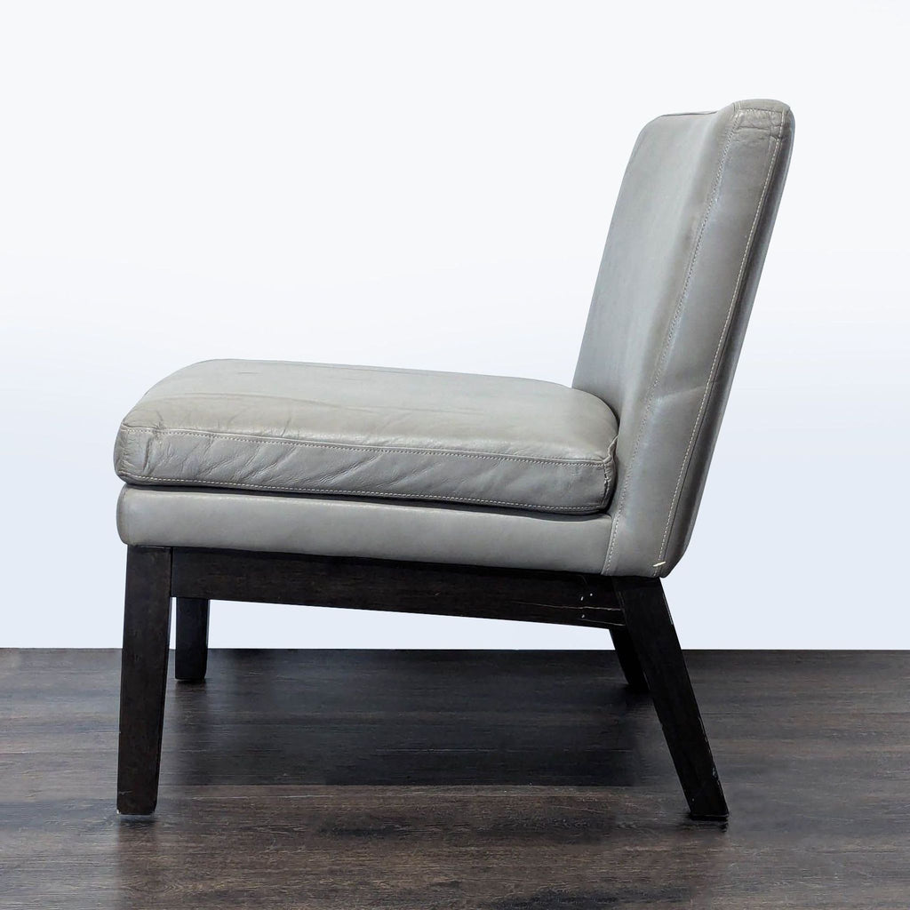 West Elm Modern Gray Leather Slipper Chair with Dark Wood Legs