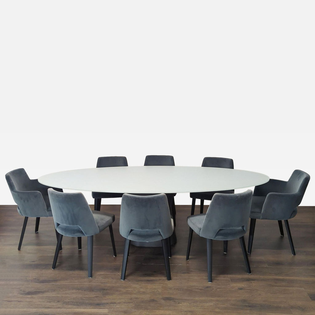 Large modern dining set with frosted glass oval table and eight grey velvet chairs by Bontempi Casa / Gallotti&Radice.