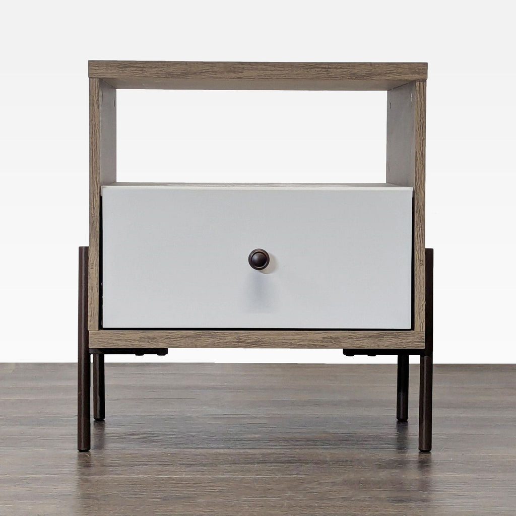 1. Modern end table with a metal frame, open shelf, and single drawer, viewed from the front.