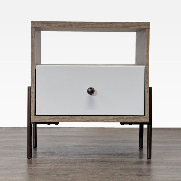 1. Modern end table with a metal frame, open shelf, and single drawer, viewed from the front.