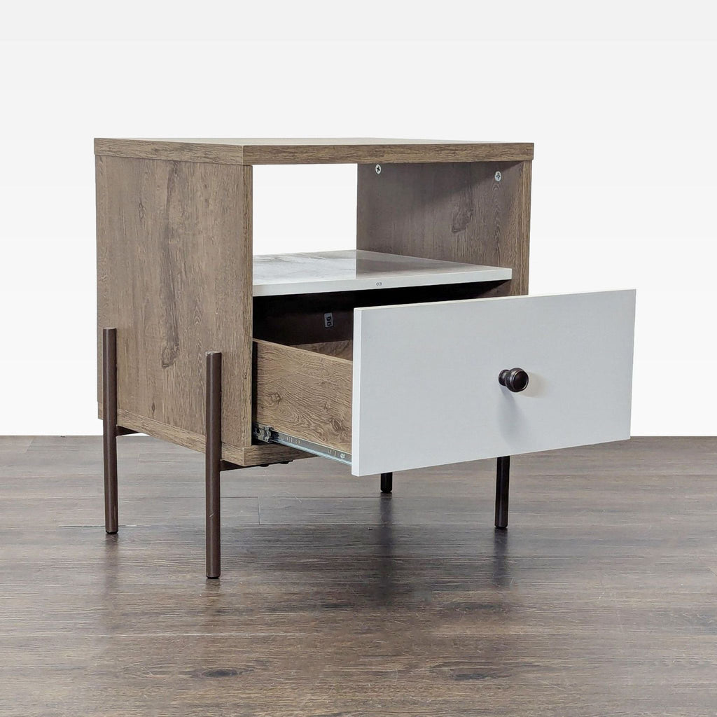 2. End table with metal legs and wood finish, showing side angle and open drawer with white front.