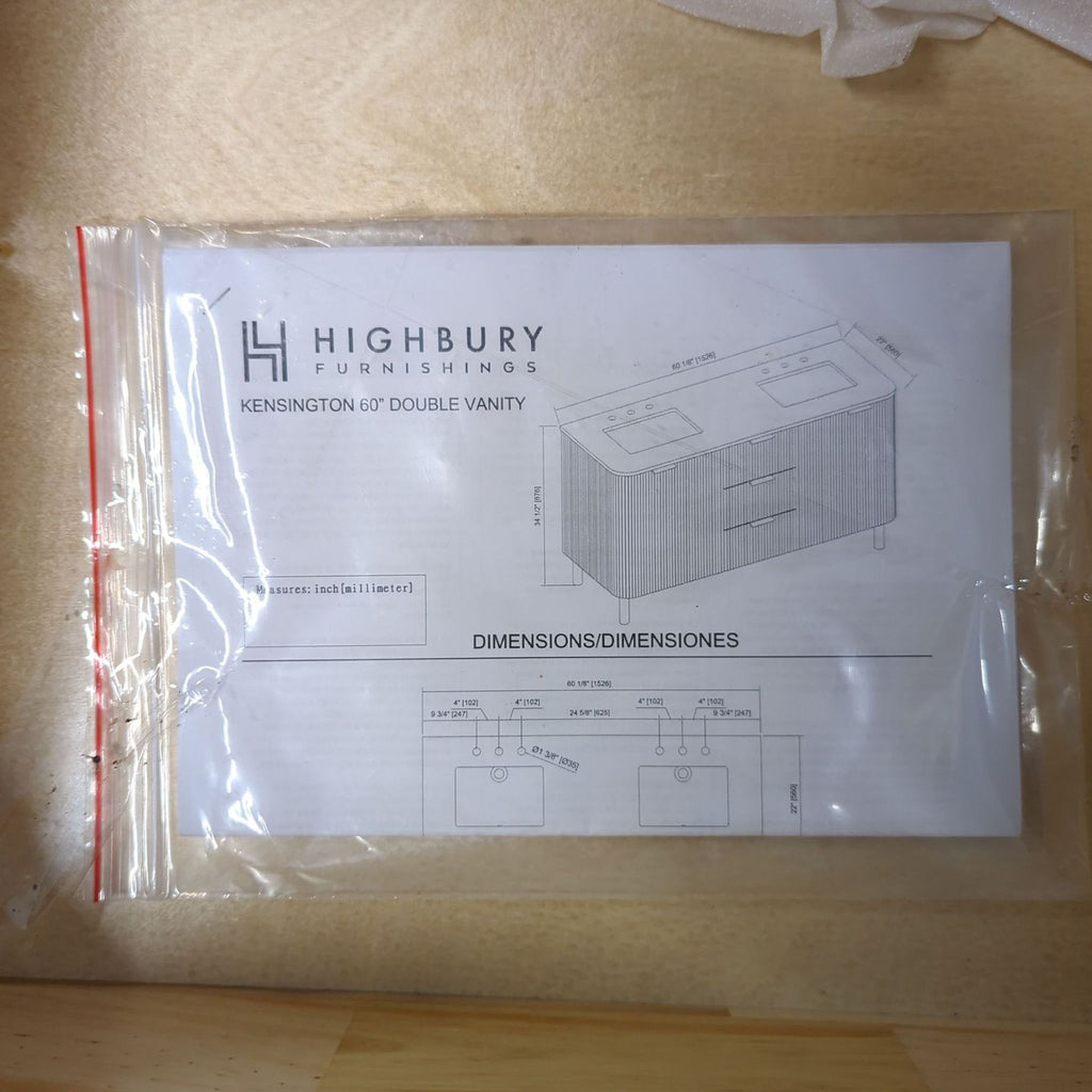 Highbury Furnishings Havana 60” Double Sink Vanity with Marble Top and Storage - Accepted Offer (25.00% discount)