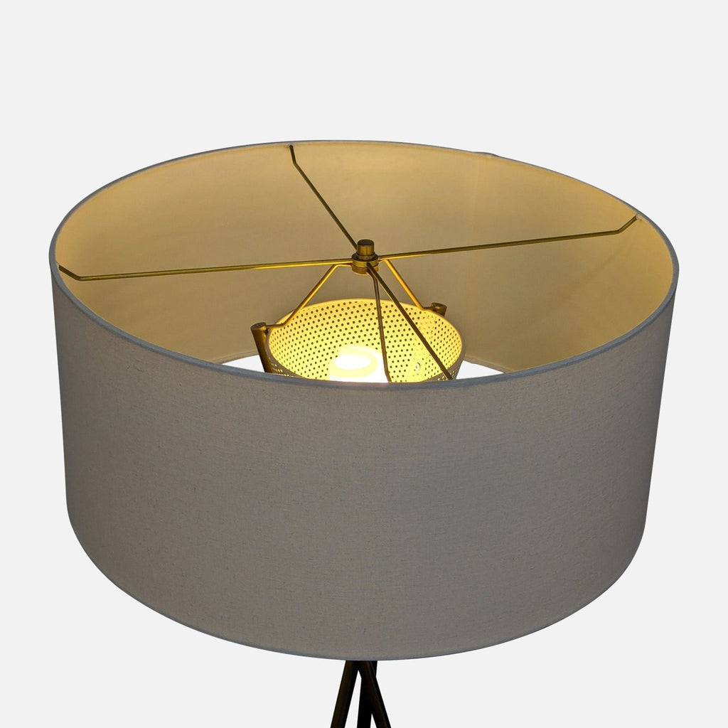 Modern Brass Tripod Floor Lamp with White Drum Shade