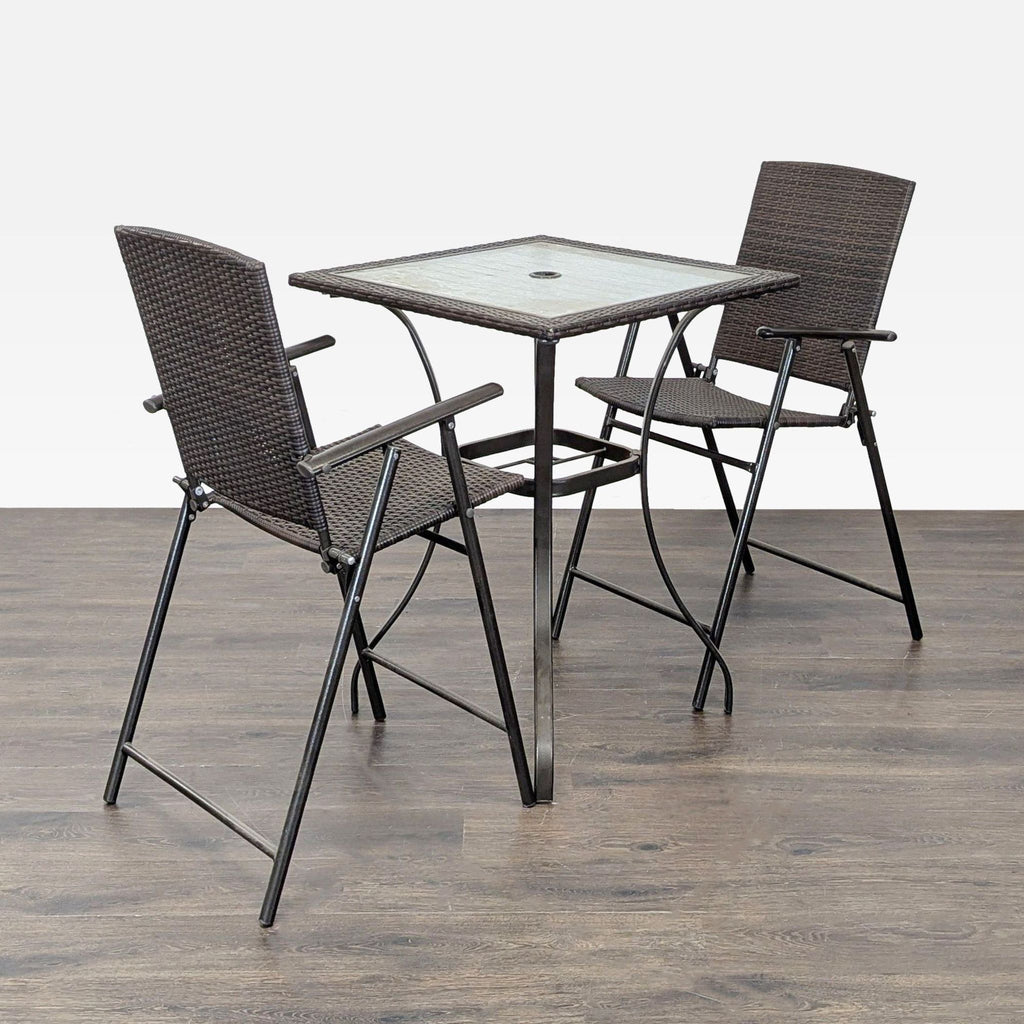 2. Modern patio set including two lightweight wicker chairs and a glass top table with umbrella hole, category: Sets.