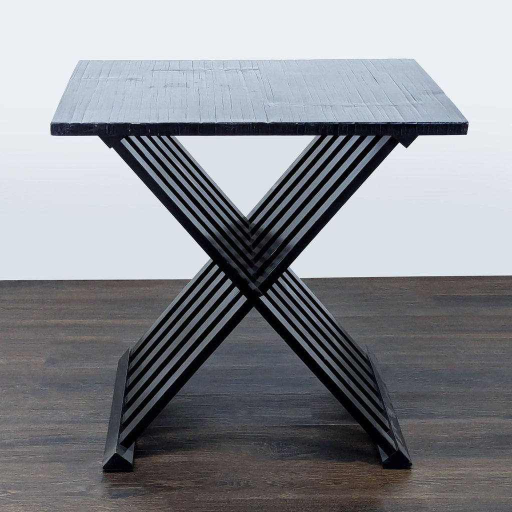 1. Black bamboo and Gmelina wood end table with a glossy finish and X-shaped slatted base by Bernhardt Furniture.