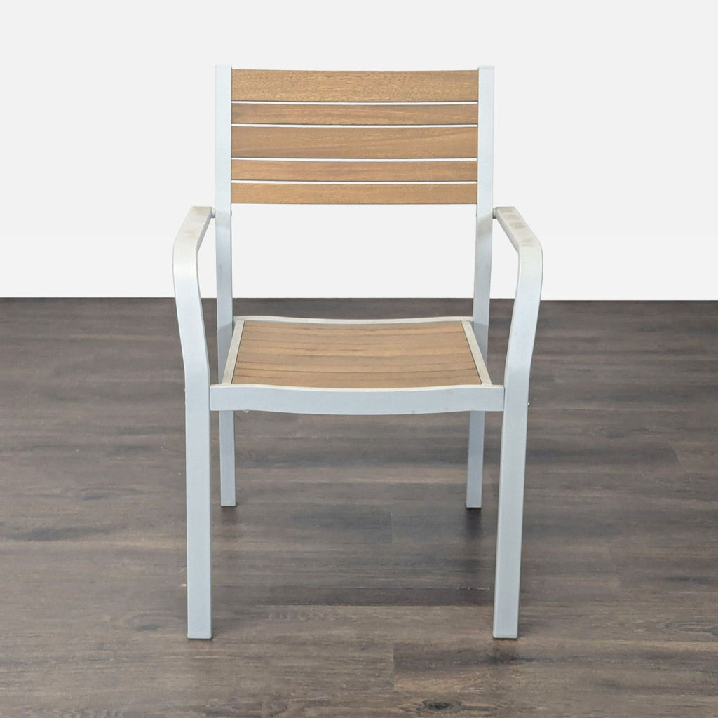 Ikea chair with light gray metal frame, wooden slat seat and back, and armrests in a modern style.