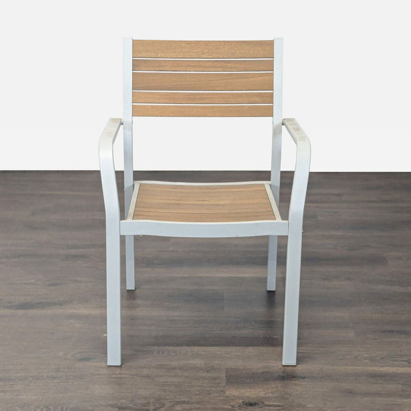 Ikea chair with light gray metal frame, wood slat seat and back, and armrests for comfort.