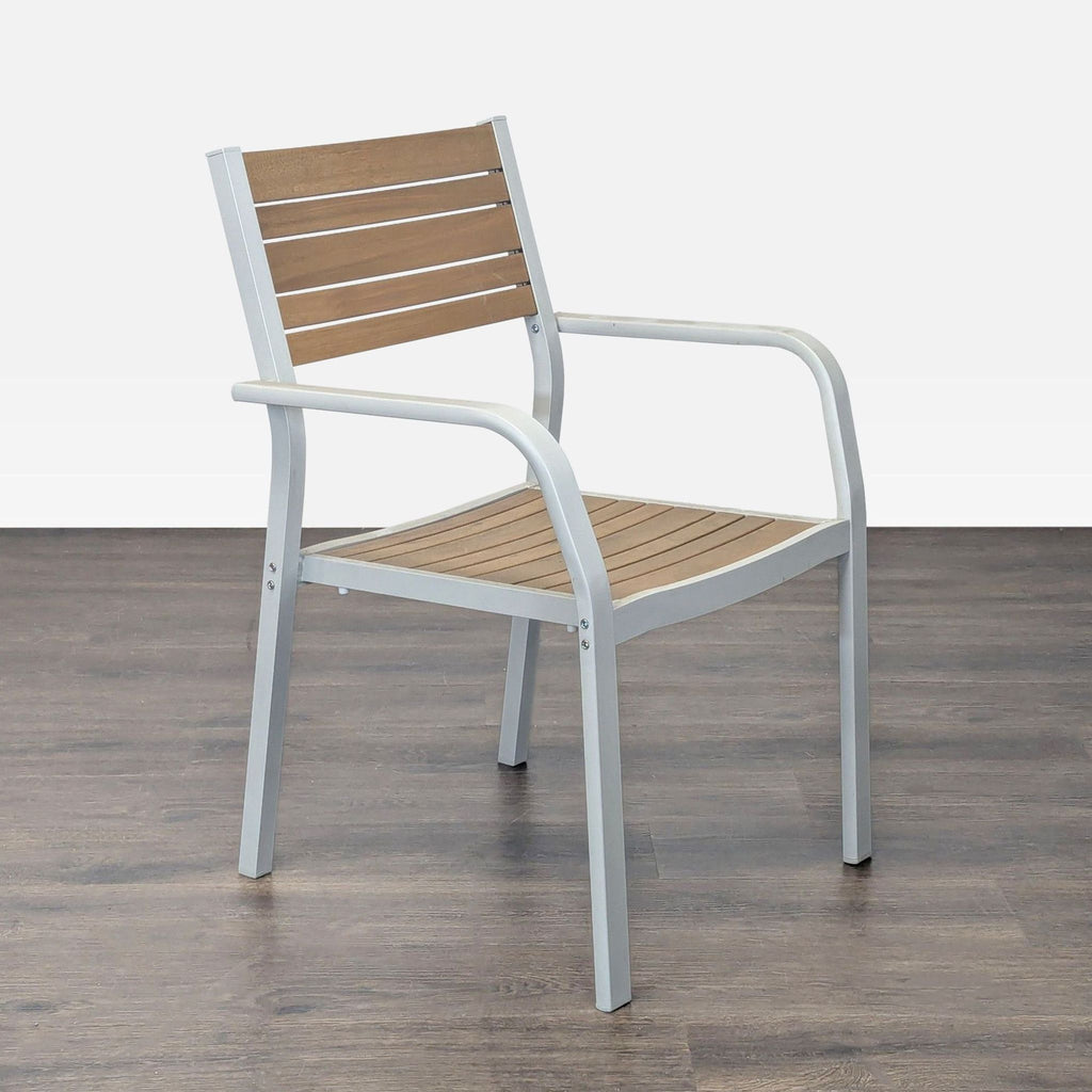 Modern Ikea chair featuring wood slats and a sturdy metal frame, suitable for indoor or outdoor use.