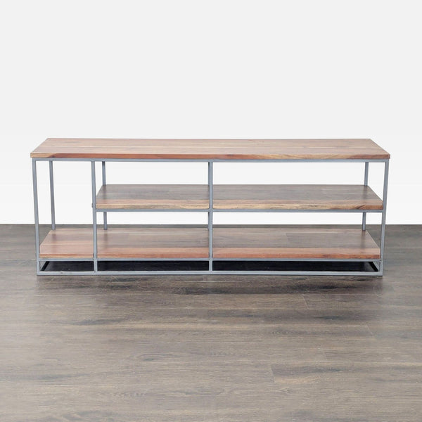 Three-tiered acacia wood and metal stand for entertainment storage, from CB2.