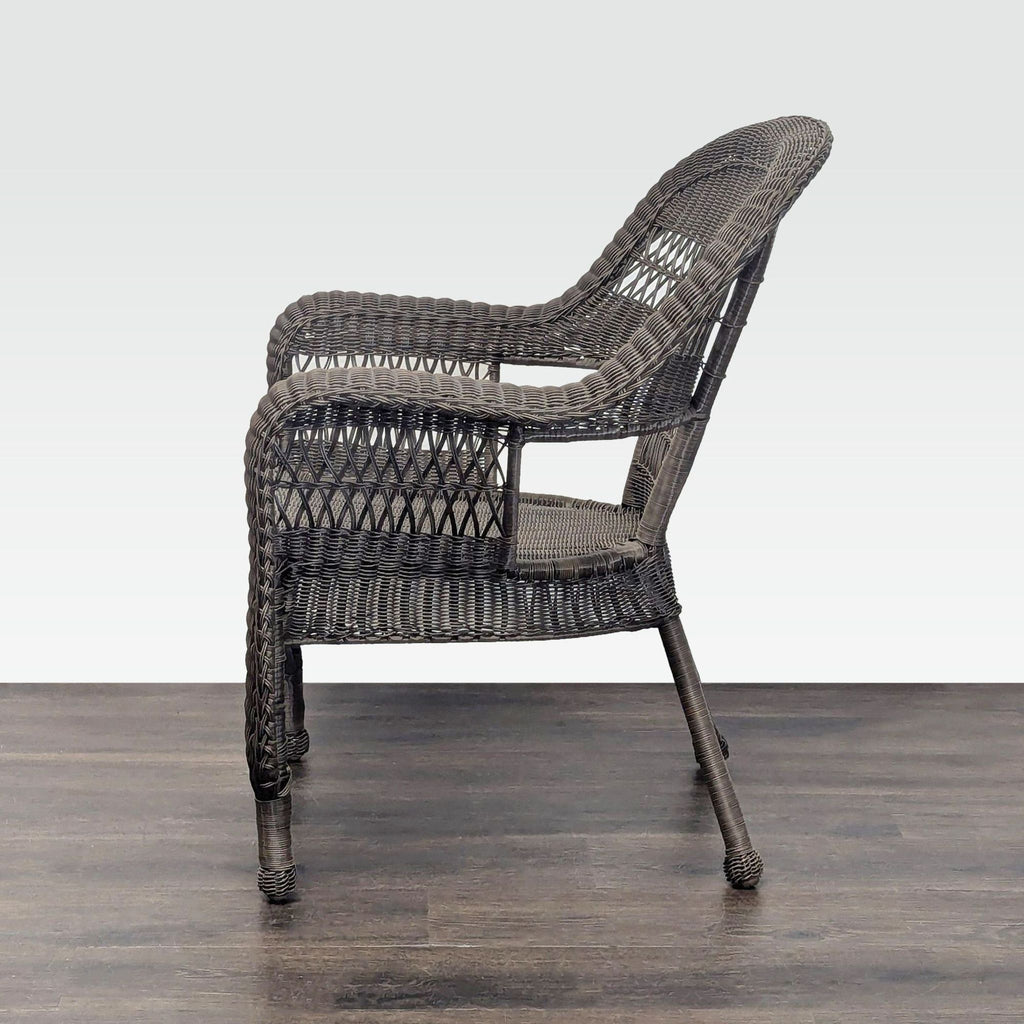 Versatile wicker armchair in brown, designed for durability and style in living rooms, patios, or sunrooms.