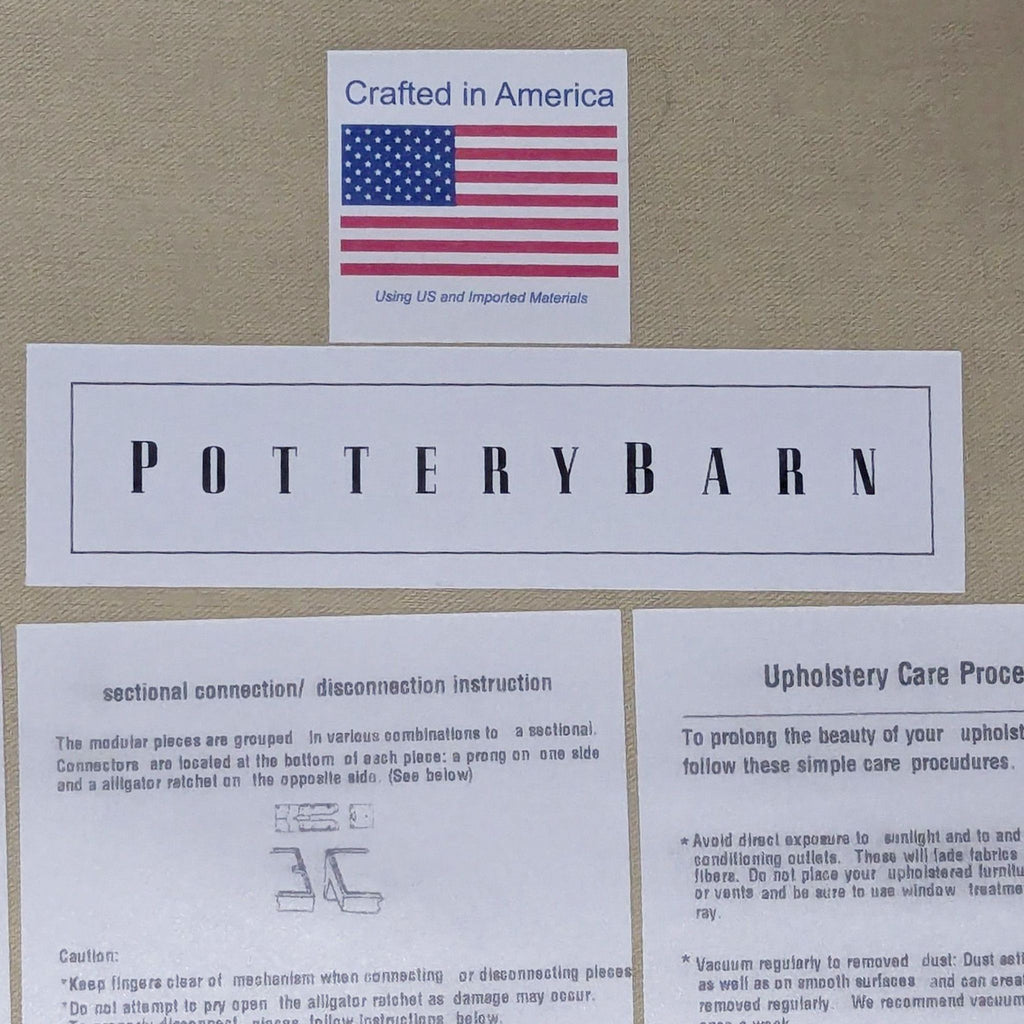 Pottery Barn brand and care tags displayed with instructions and a "Crafted in America" label for the sectional.