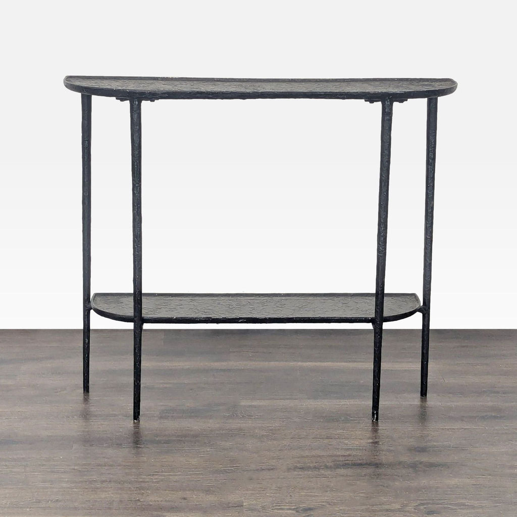 Two-tier curved metal console table with textured finish, by Outlook International, in side table category.