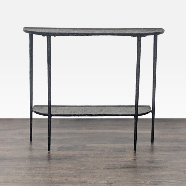 Two-tier curved metal console table with textured finish, by Outlook International, in side table category.