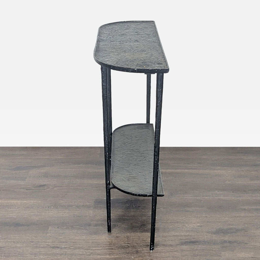 Textured metal half-moon console table featuring two tiers; categorized as Side & Console Table, Outlook International.