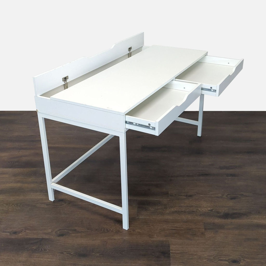 Sleek white desk featuring spacious drawers and concealed storage, perfect for home or study use.