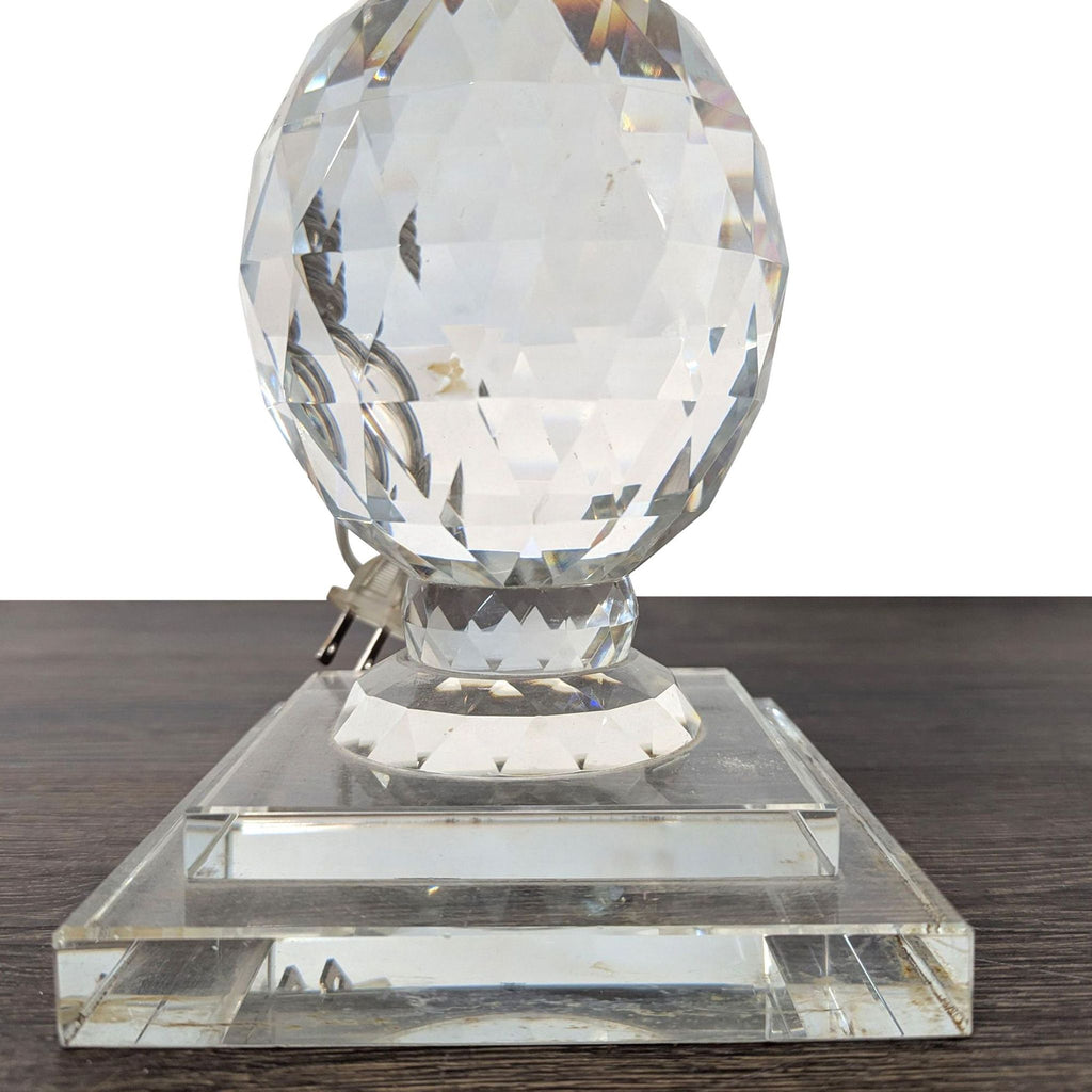 Set of two elegant Pottery Barn lamps featuring faceted crystal bases and classic white fabric shades.  