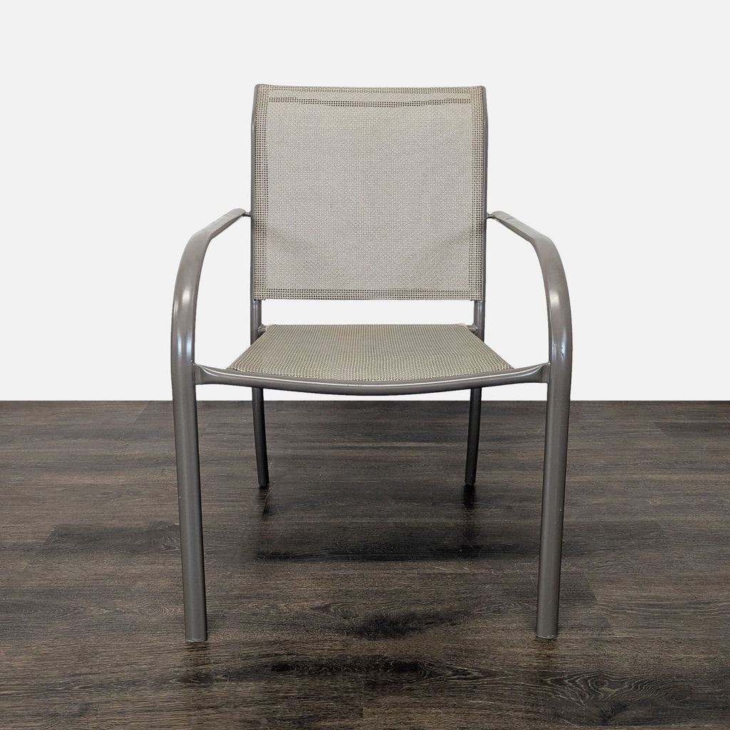 Six matching mesh chairs with sleek armrests, ideal for dining, patio, or office spaces.