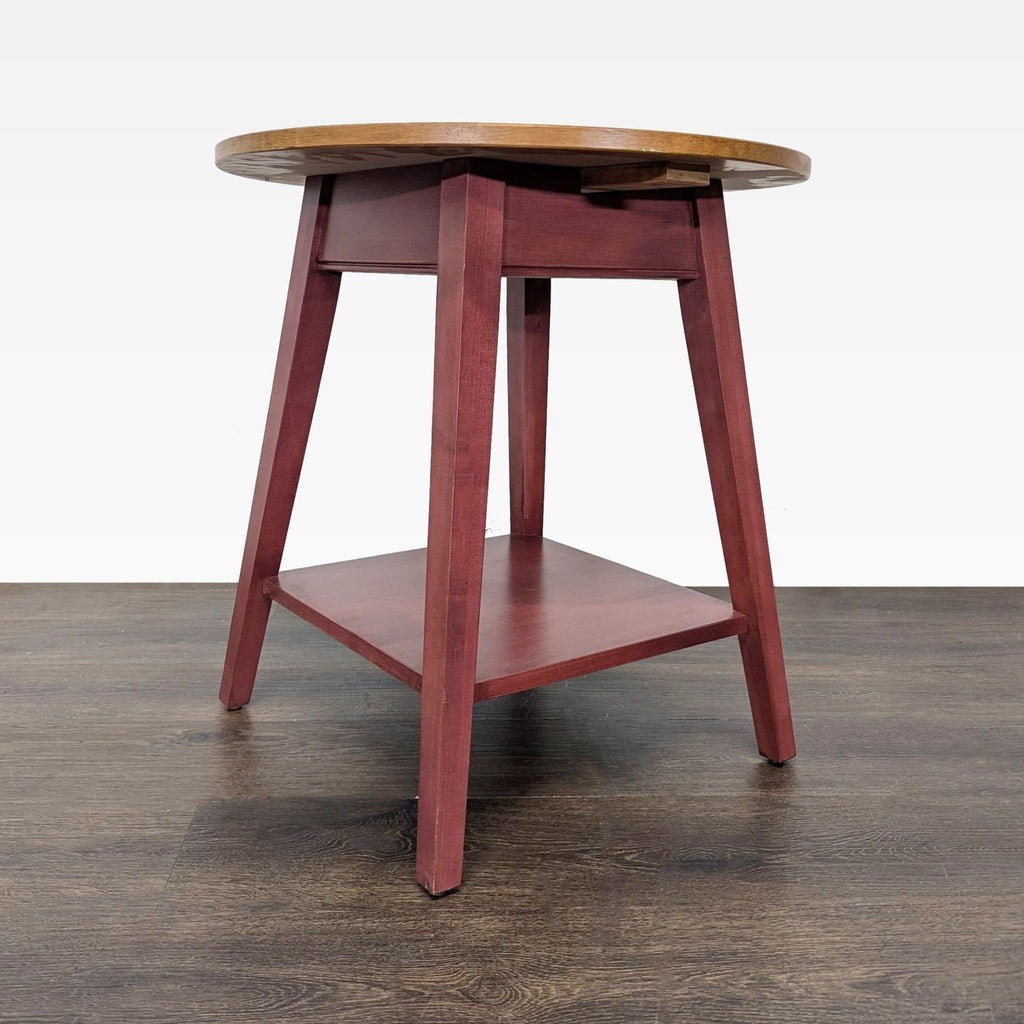 Ethan Allen end table featuring a cranberry base and a lighter top, two-tone design.  
