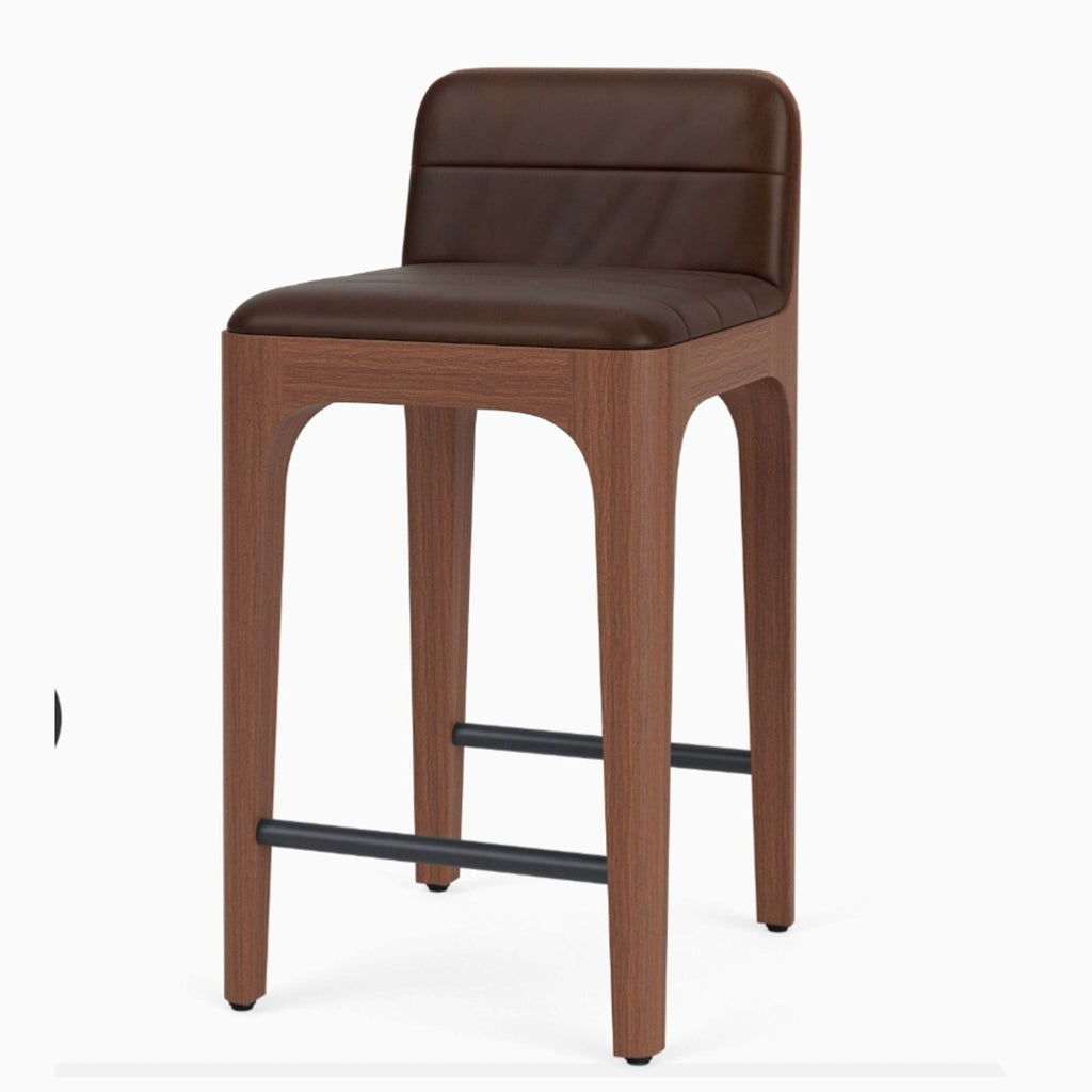 Denver Modern chair with walnut maple frame, black channel-tufted leather seat, and cane backrest.  