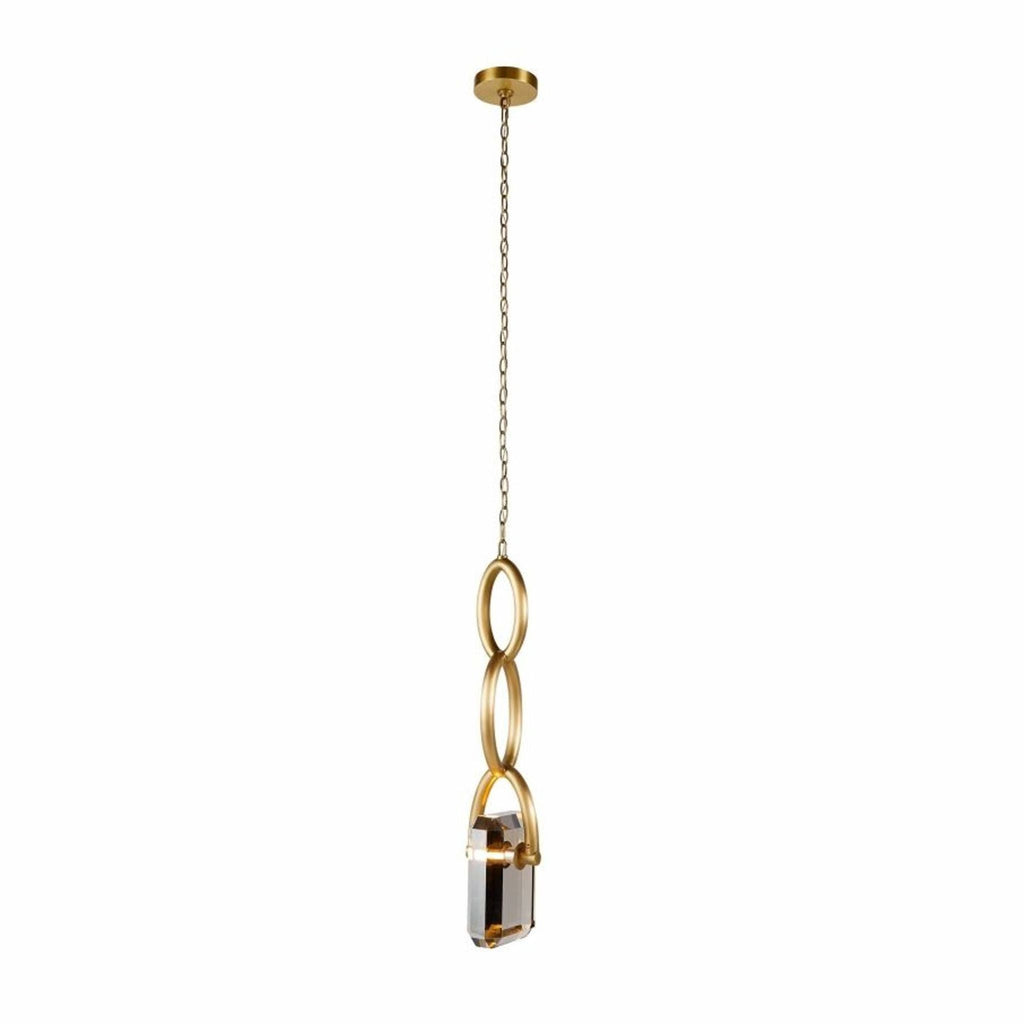 Sleek gold Arteriors Home pendant light with a modern chain and clear crystal accent for elegant lighting.
