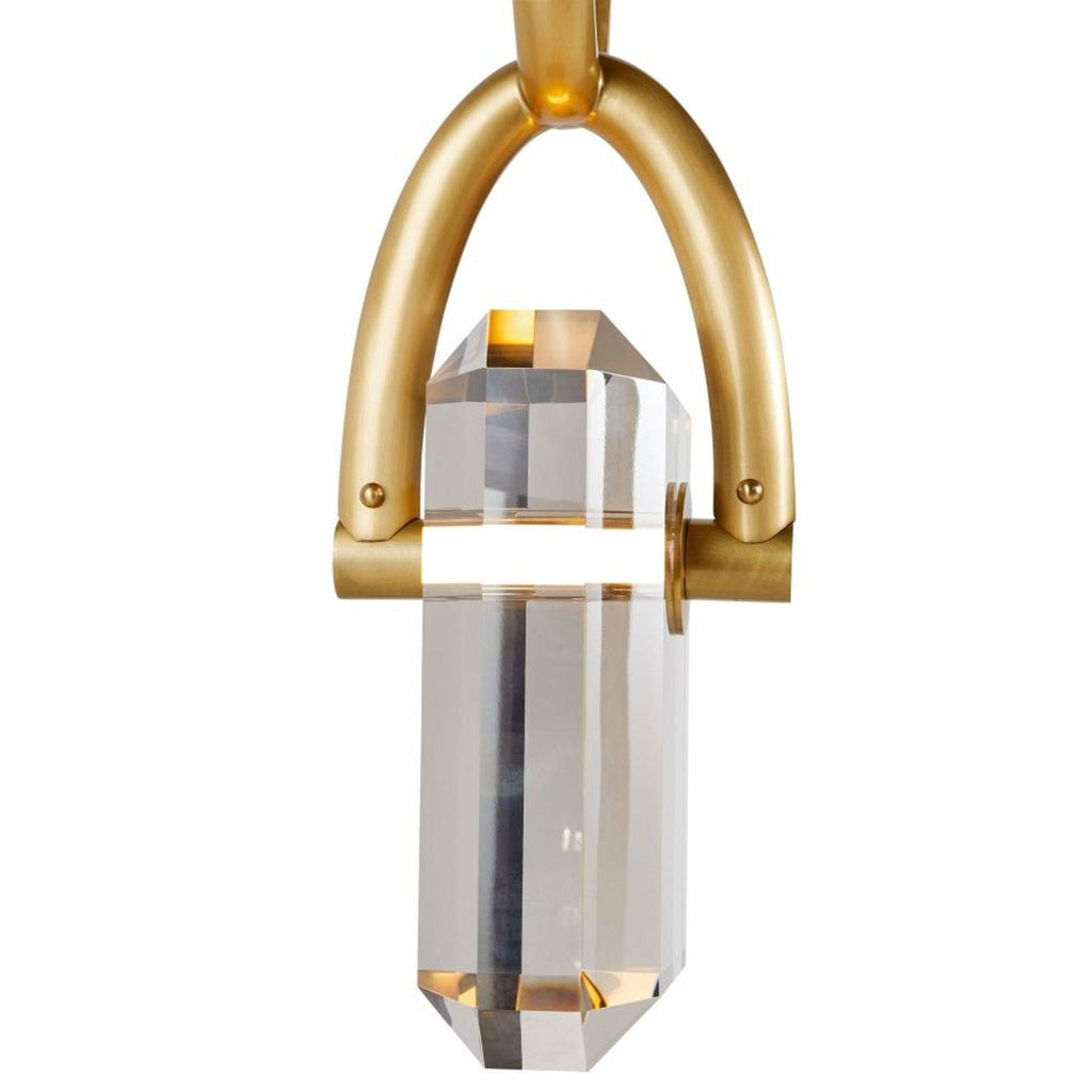 Arteriors Home pendant lamp in gold, featuring a stylish chain design and a shimmering crystal detail.