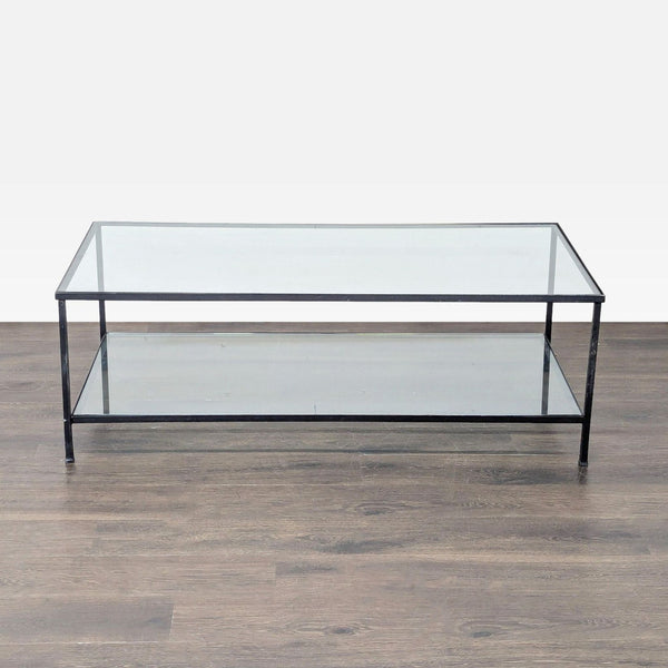 1. Rectangular glass coffee table with black metal frame and lower shelf, placed on wooden floor.  