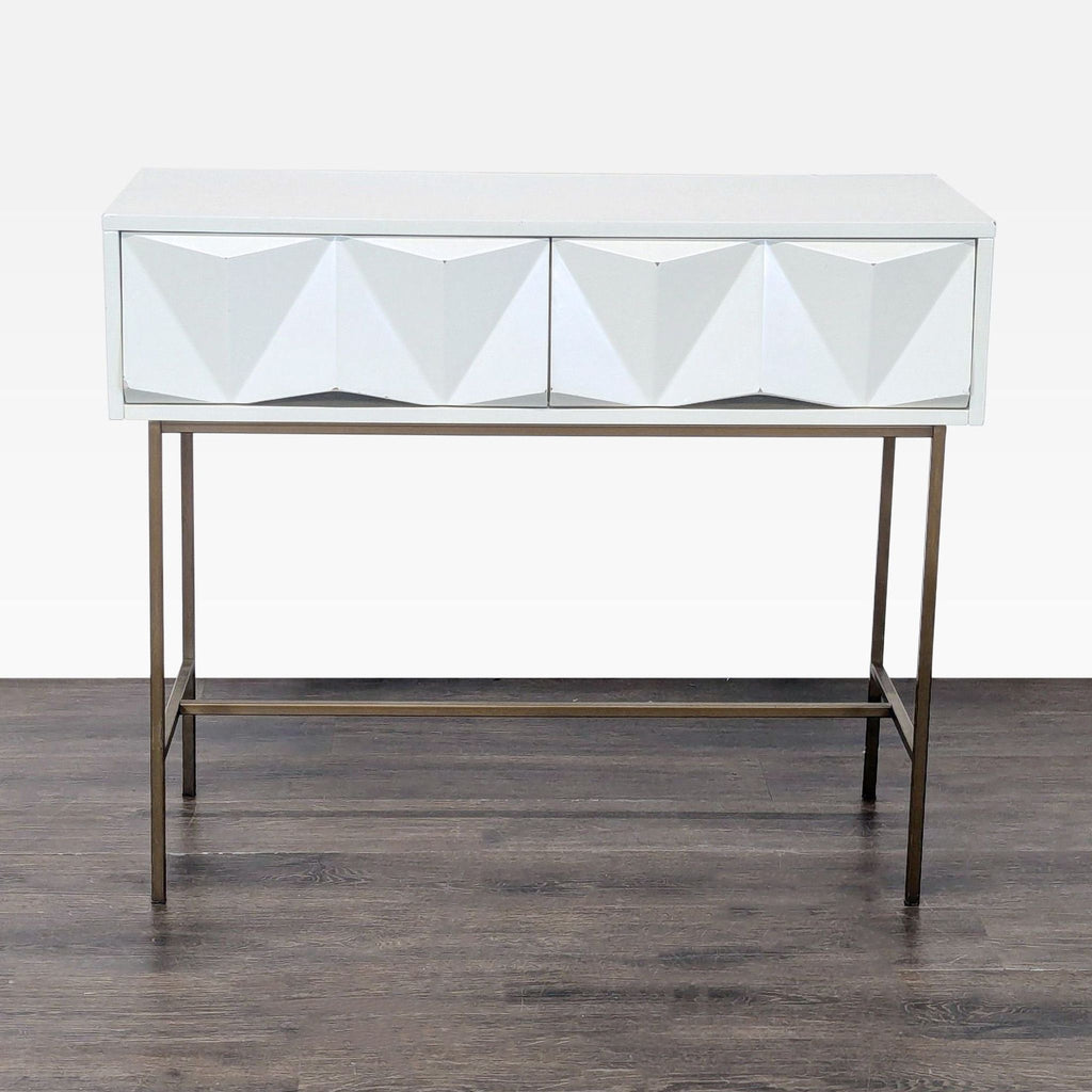 West Elm side table features parchment-finished metal drawers and antique brass-finished legs.