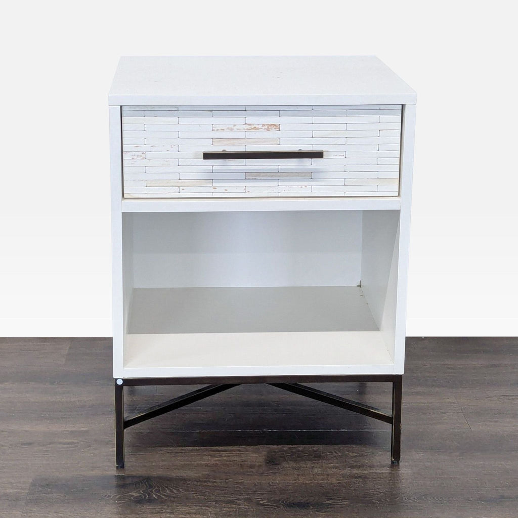 West Elm end table with hand-inlaid whitewashed tile front and antique bronze hardware.