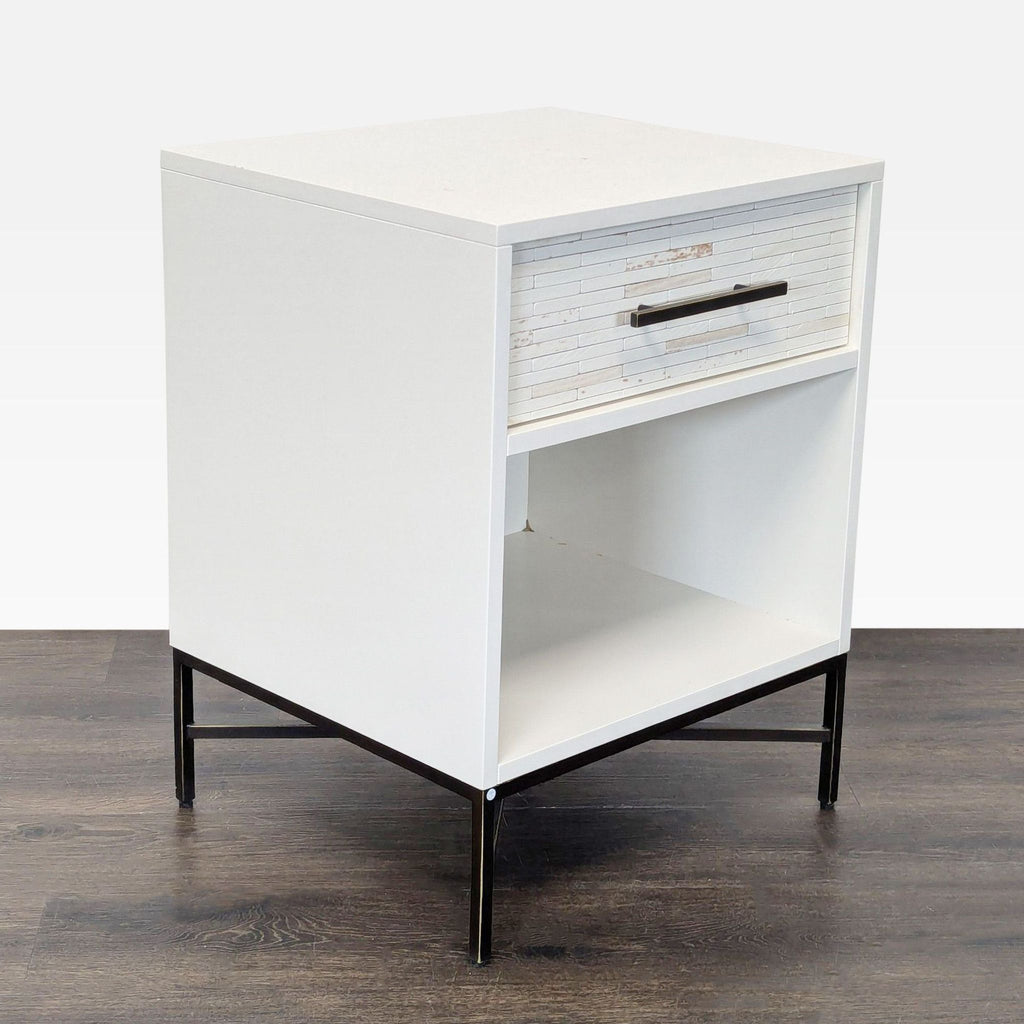 Whitewashed tile nightstand from West Elm, accented with bronze hardware and sleek lines.