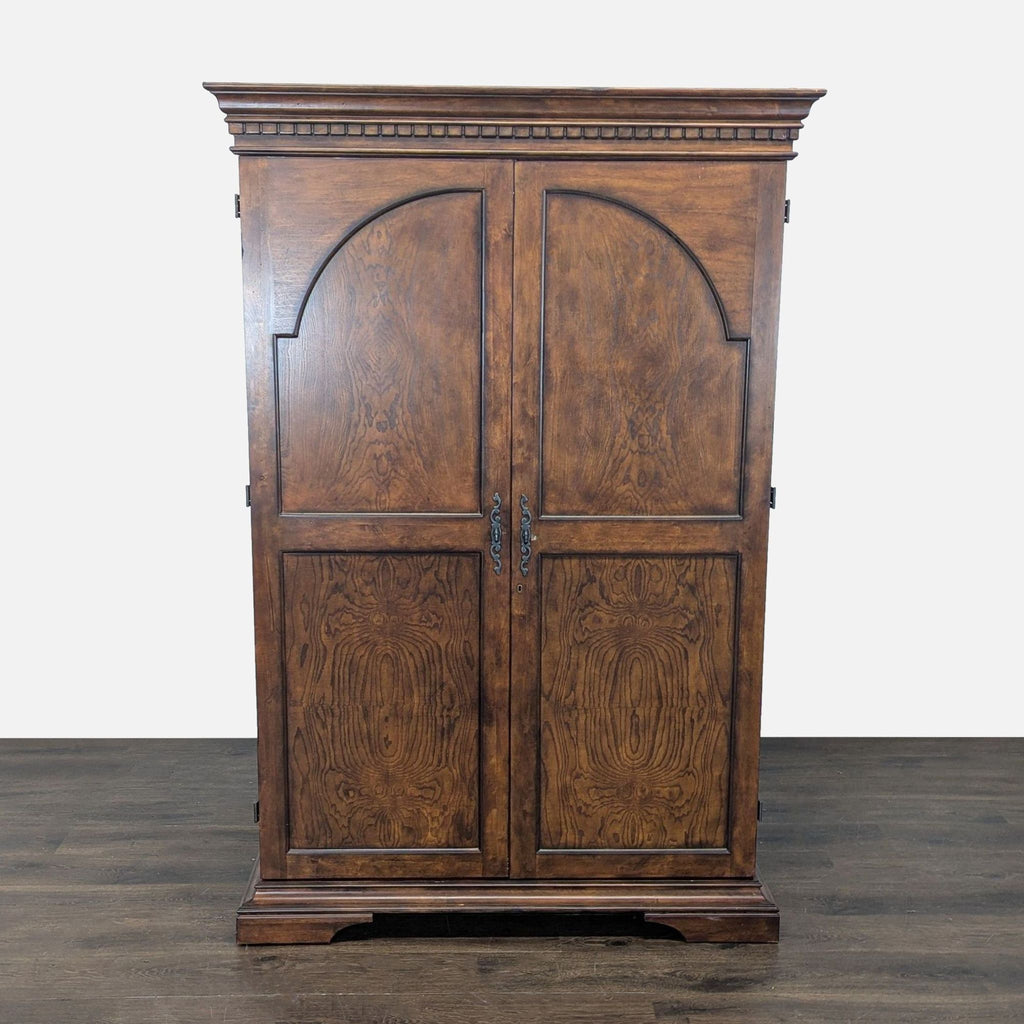 Howard Miller armoire cabinet with storage for 30 wine bottles, glass shelves, and extra wood shelving.  