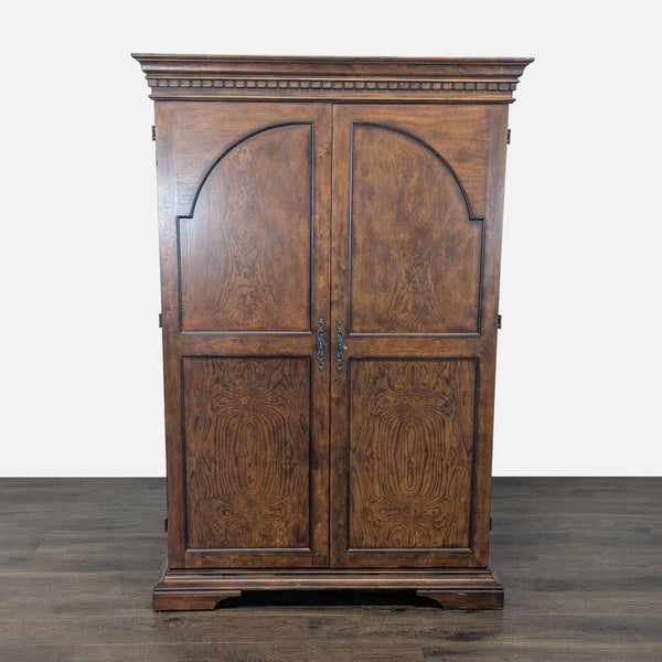 Howard Miller armoire cabinet with storage for 30 wine bottles, glass shelves, and extra wood shelving.  