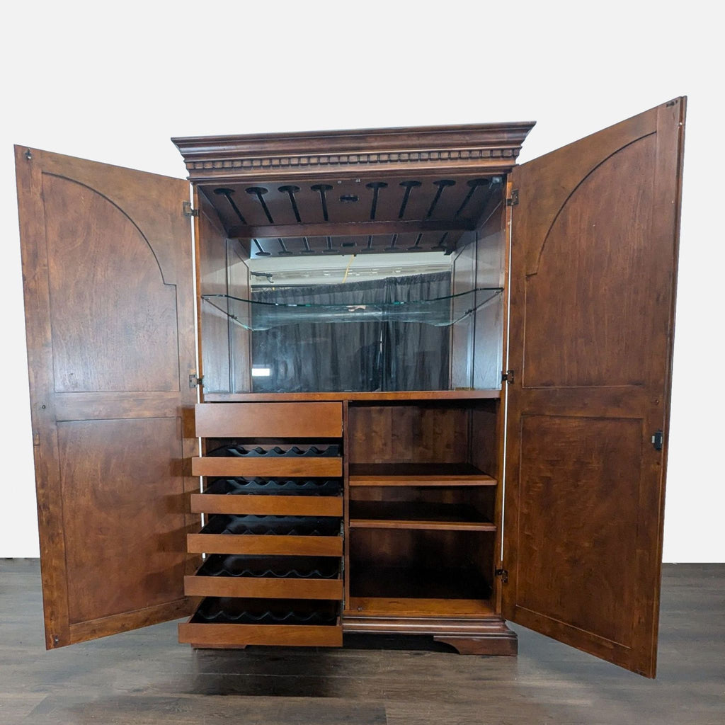Wine storage cabinet from Howard Miller with slots for 30 bottles, glassware compartments, and mixed shelving.