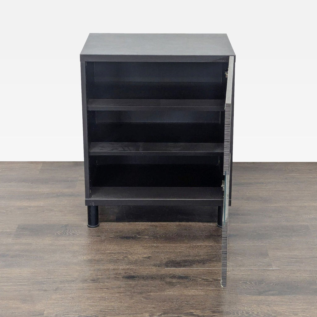 Modern end table with a combination of wood and glass doors, totaling three.  