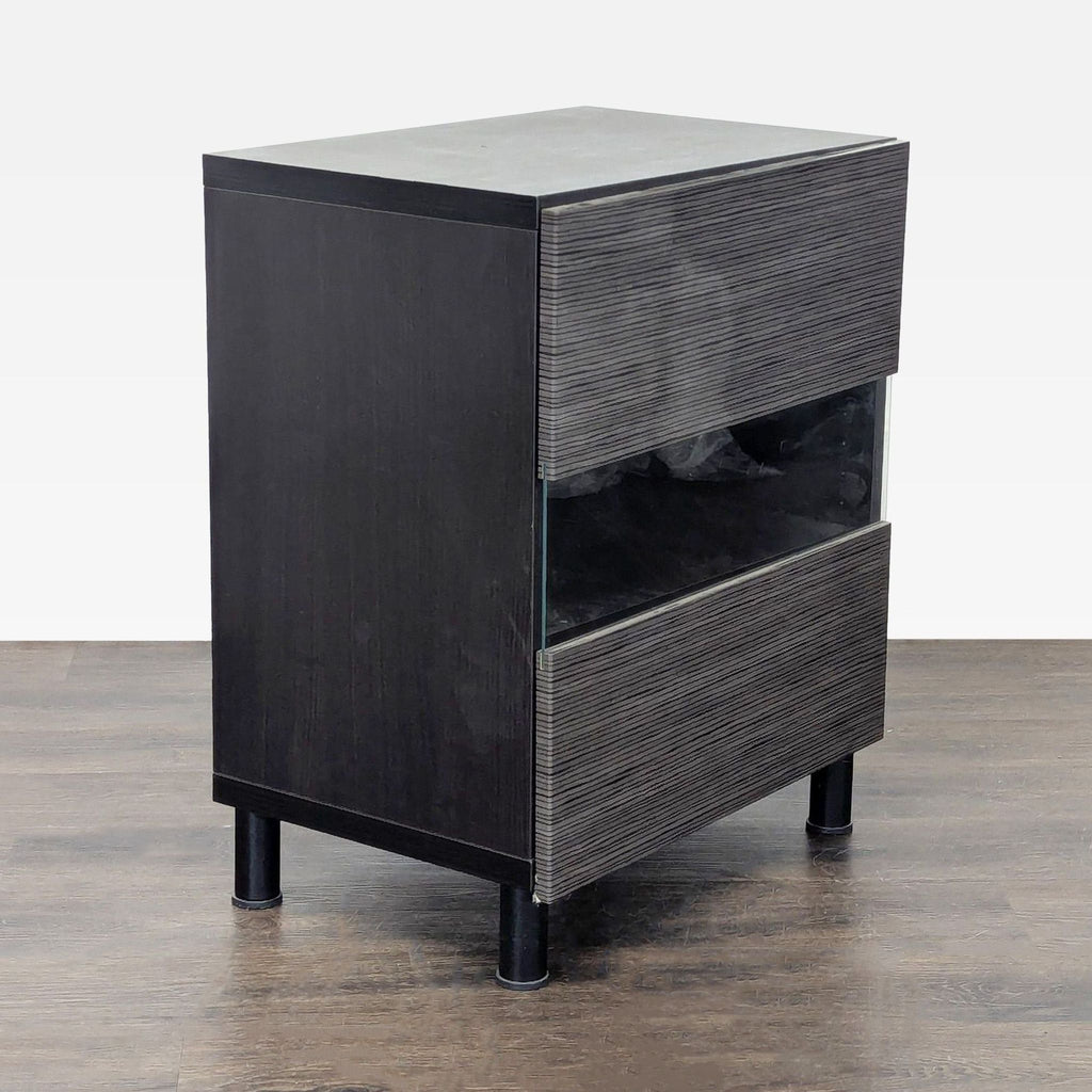 Contemporary end table, includes two wood doors and one glass door for storage.