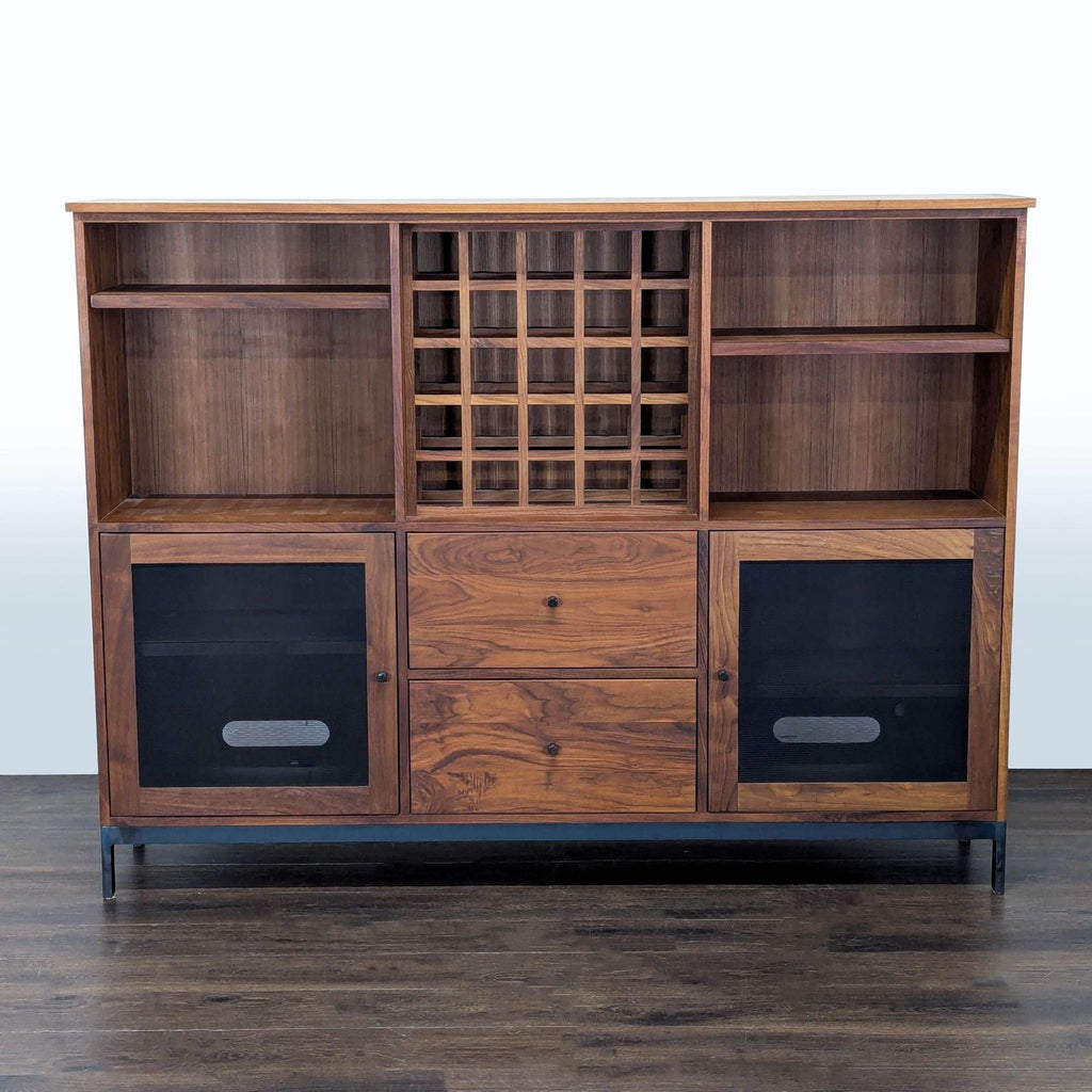 1. Mid-century modern wooden cabinet with open shelves, wine grid, center drawers, and mesh door panels.