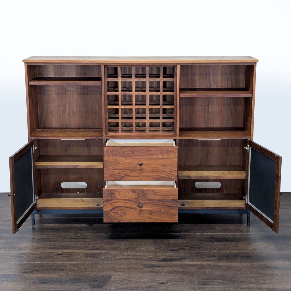 2. Cabinet with open upper shelves, wine rack, and lower section featuring open drawers and doors for storage.