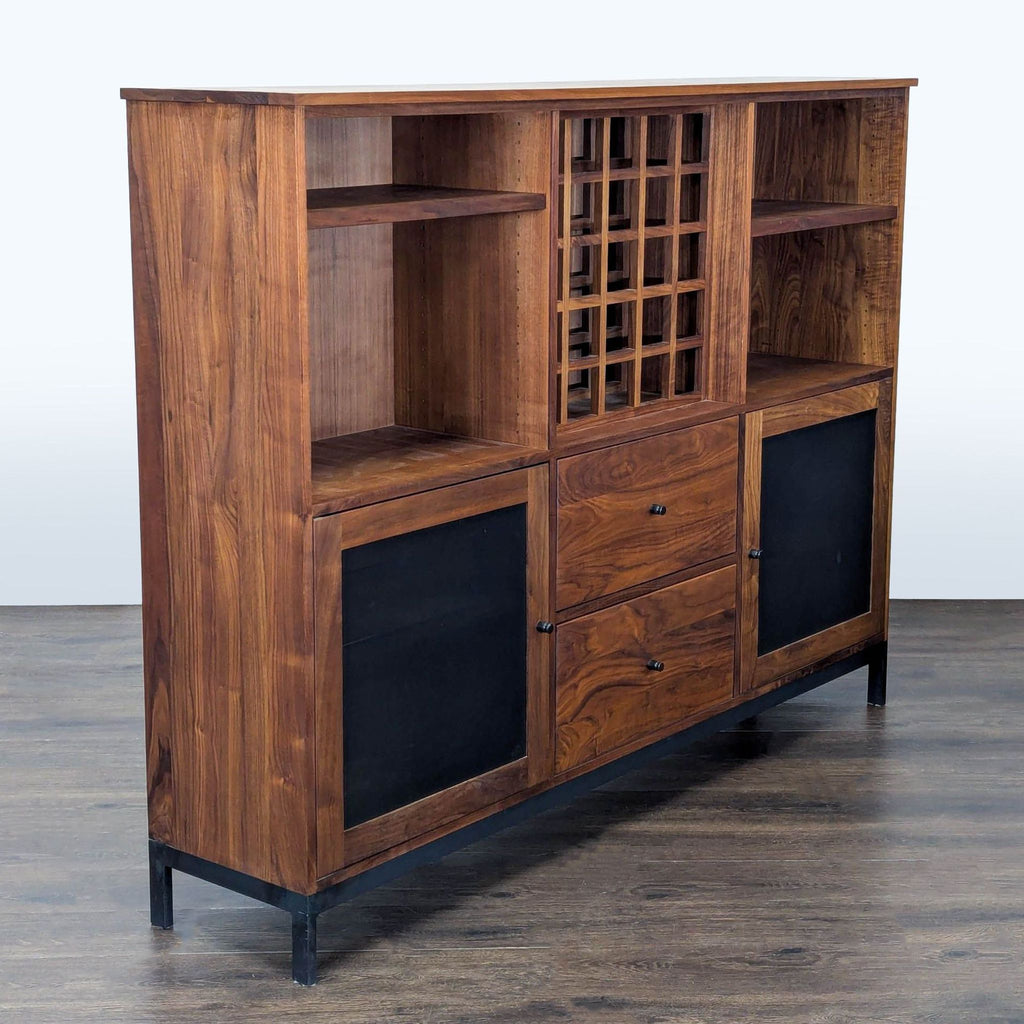 3. Angled view of a wooden cabinet showing shelving, wine rack in the center, and mesh-panel doors at the bottom.