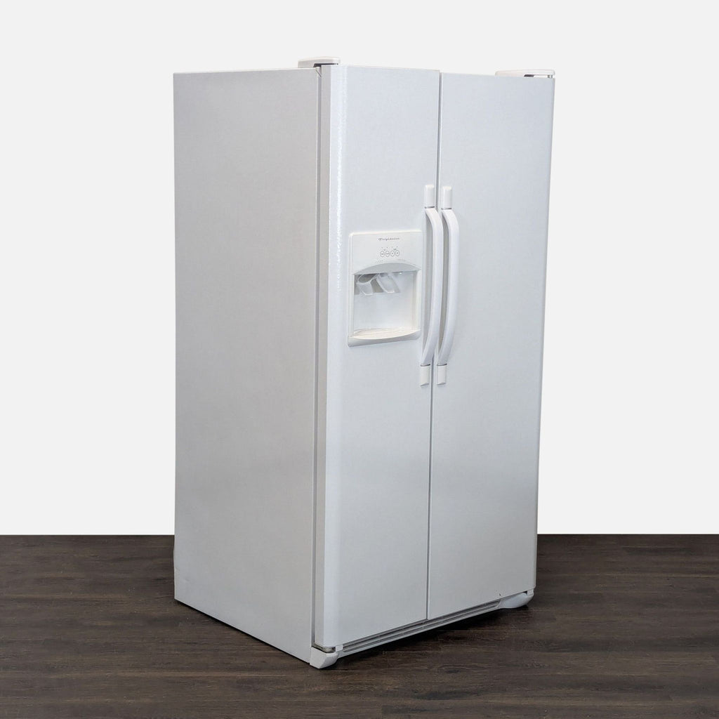 Frigidaire white side-by-side refrigerator with ice and water dispenser, featuring easy-access handles.