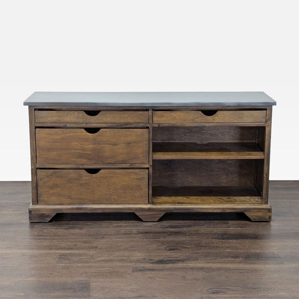 Four-drawer entertainment console with shelf and metal top by World Market.