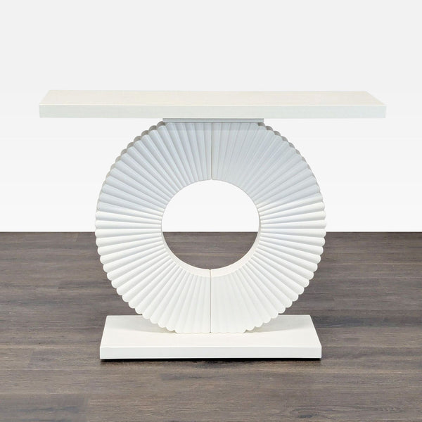 Modern Tribesigns console table with a circular floral base and curved lines in engineered wood.  