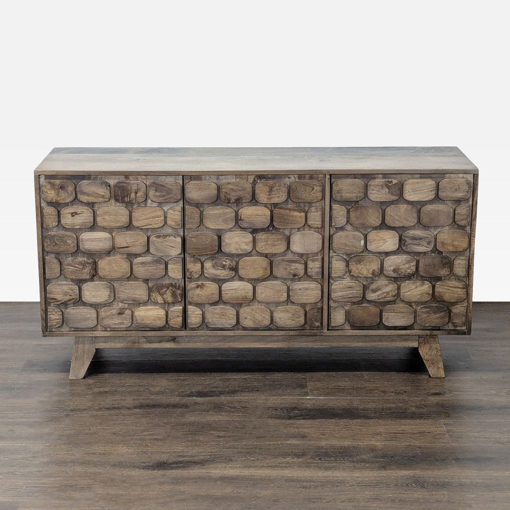 Mid-century modern walnut accent server with three magnetic doors and hidden storage by Steve Silver.