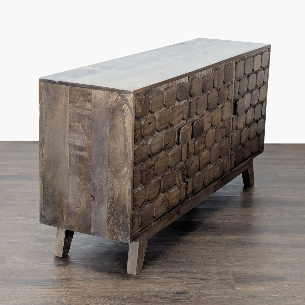 Vintage walnut credenza featuring mango wood, magnetic latches, and two interior shelves; mid-century modern.