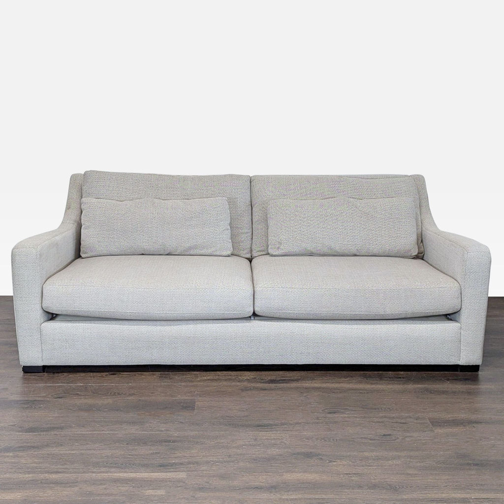 Modern Crate and Barrel 3-seat sofa in light herringbone fabric with plush cushions and minimalist design.