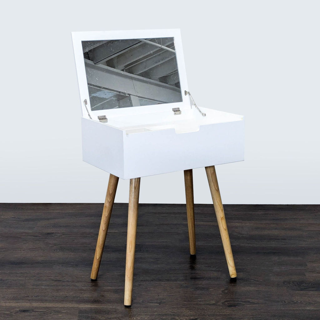 1. Compact white table with natural wood legs, open top reveals a mirror and inner storage compartments.