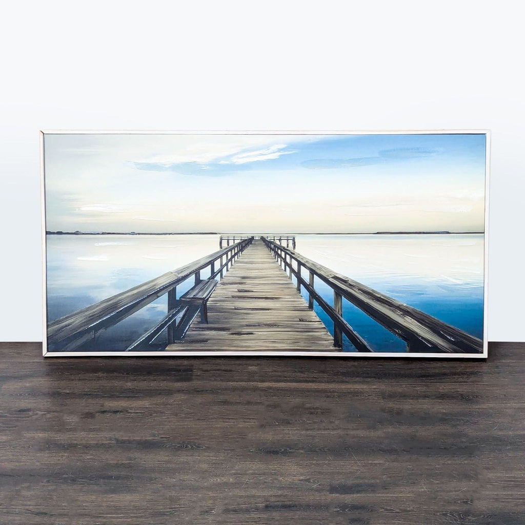 Acrylic painting of a wooden pier over calm water, framed and ready to hang, with textured brush strokes.  