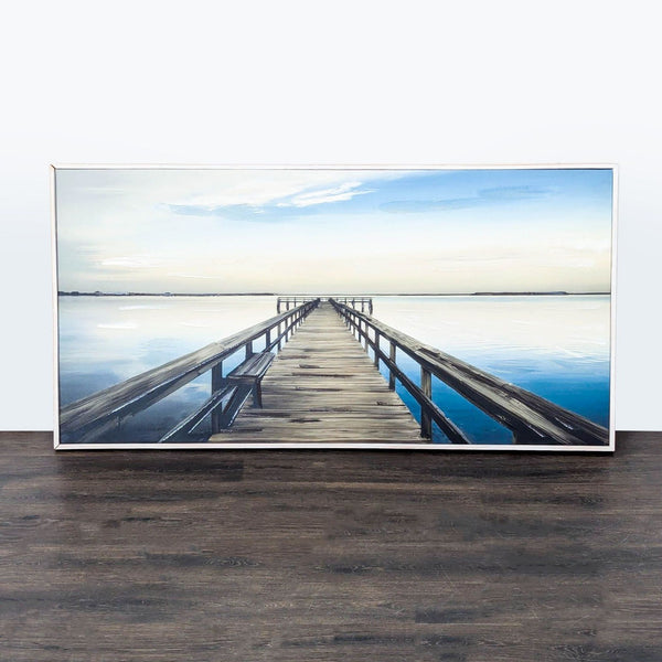 Acrylic painting of a wooden pier over calm water, framed and ready to hang, with textured brush strokes.  